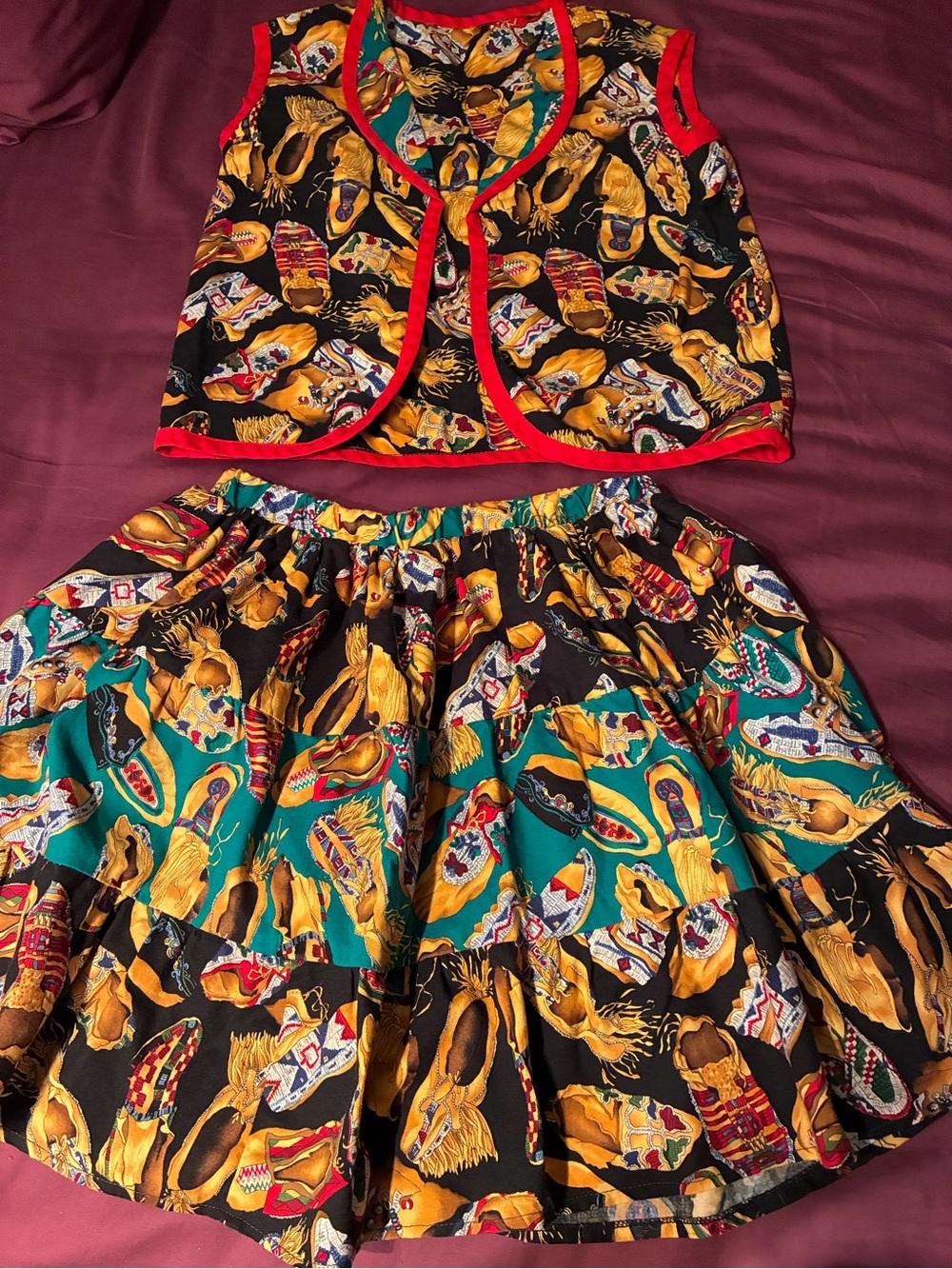 Kid size moccasin print tiered skirt/vest ensemble